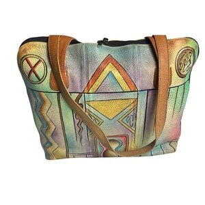 Anna By Anuschka Women's Hand-Painted Leather Medium Tote - Original Elephant Design, Turn Lock Closure - View #13